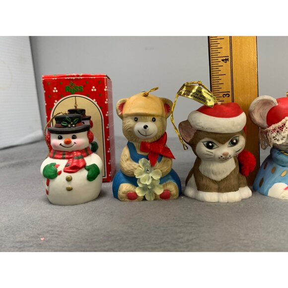 Vintage Russ Jasco Christmas Hanging Bell Ornaments 90s Snowman Bear Cat & Girl - Picture 15 of 16